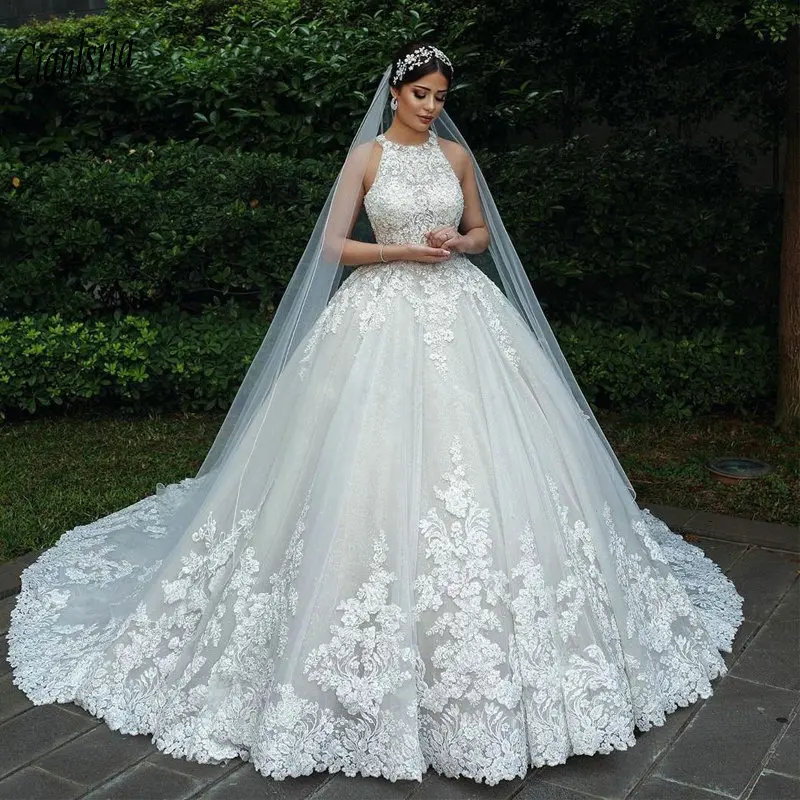 

Newest O-Neck Open Back Dubai Arabic Lace Ball Gown Wedding Dresses Sleeveless Appliques Criss-Cross Bridal Wedding Dress