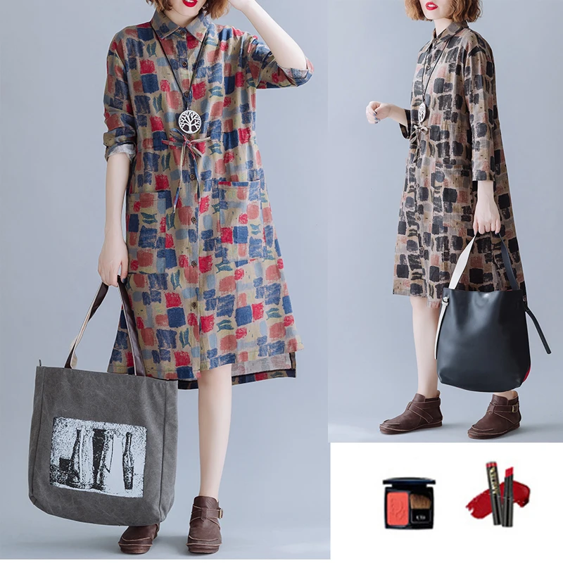 

Autumn New Style Artistic Loose Casual Elastic Waist Drawstring Shirt Dress for Plump Girls Large Size Slimming Cotton and Linen