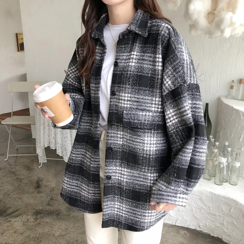

Vintage Woolen Jacket Women Spring Autumn Plaid Shirt Coats Plus Size Female Tops Oversized Jackets chaqueta mujer Outerwear