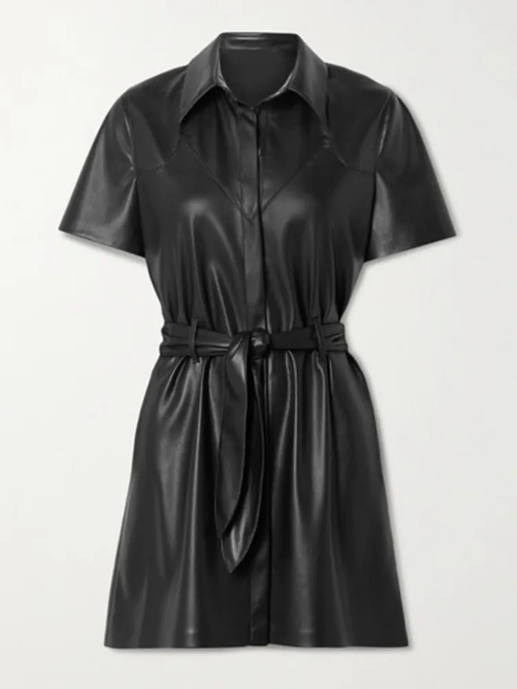 

New Fashion Leather Women Mini Dress Ladies Turn Down Collar Simple Female Short Dresses With Sashes