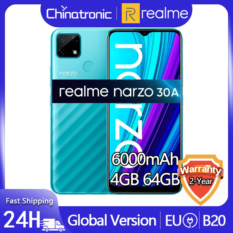 

Глобальная версия realme Narzo 30A 4 Гб 64 Гб телефон с экраном 6,5 дюйма HD + Helio G85 6000 мАч 13 МП AI Тройная Двойная камера 18 Вт Зарядное устройство для ЕС 3 к...