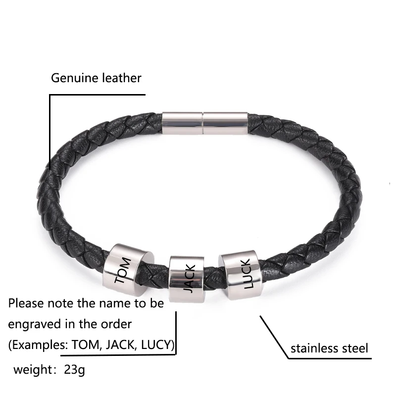 

Popular Stainless Steel Jewelry Accessories Men's Name Beaded Bracelet 5mm Genuine Leather Woven Bracelet Punk Fashion Dad Gift