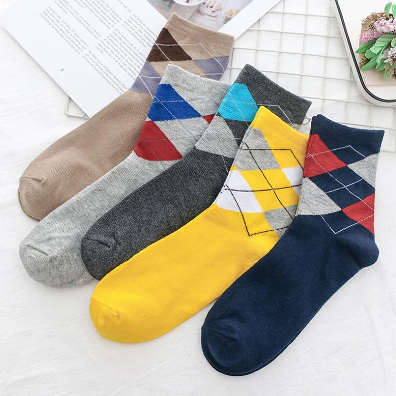 rhombus 5 пар/лот, хлопковые мужские носки, синие высокие носки, носки-башмачки с якорем и звездой, мягкие забавные носки, повседневные носки, мужские Чулочные изделия - Цвет: rhombus
