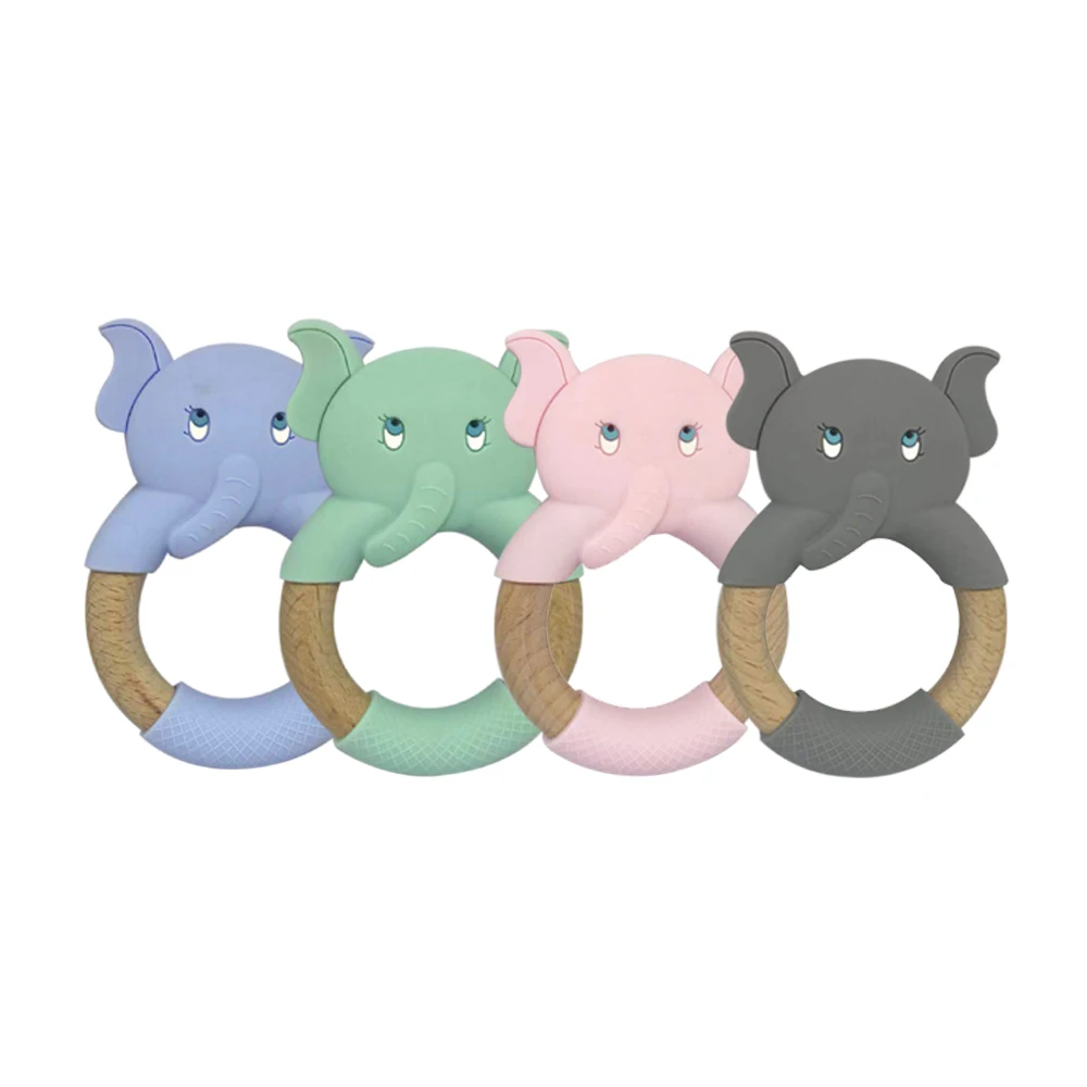 Mordedor de silicona con forma de Animal para reci&eacute;n nacido, anillo de dentici&oacute;n de madera de Haya sin BPA, juguete de dentici&oacute;n s&oacute;lido, mordedor de madera org&aacute;nico-3