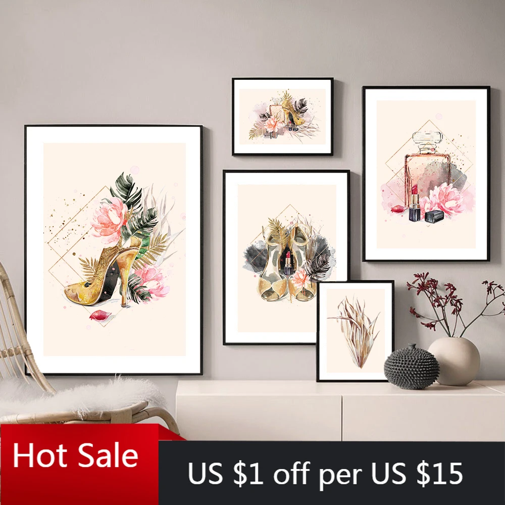 Модный постер с розовыми цветами и духами на высоких каблуках печать для макияжа