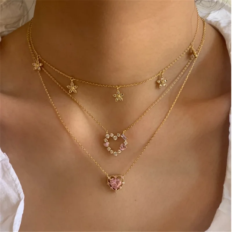 

Viny Elegant Pink Purple Color Heart Necklace 925 Sterling Silver Women Jewelry Charming Pendant Chain 18K Choker Bijoux Collar