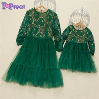 popreal parent child outfit fashion mother daughter dress o neck lace mesh stitching mother kids dress family matching outfits