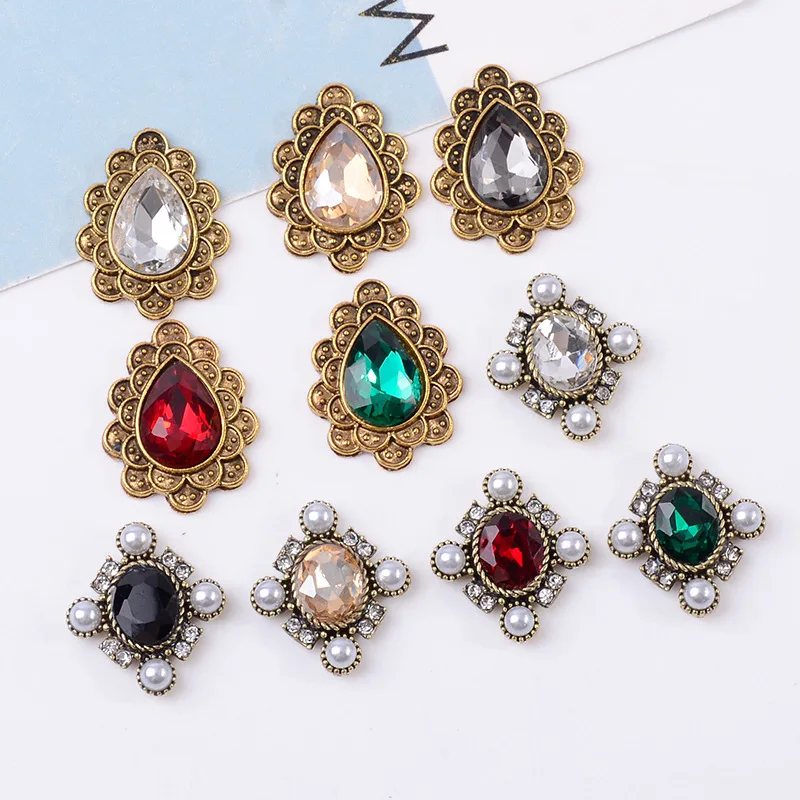 

5 Pcs/Lot Acryli Ancient Alloy Rhinestone Buttons Flower Round Plate Diamond Buckle DIY For Shoes Clothing Hand-made Material