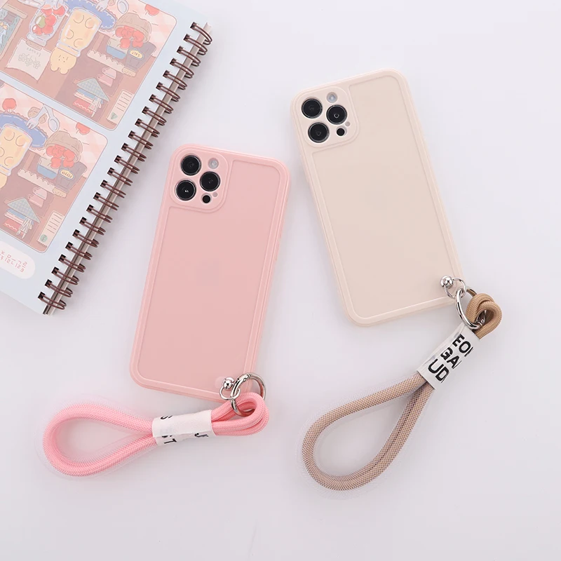 

Candy Color Hand Rope Lanyard Protection Phone Case For iphone 11 12 13Pro Max MiNi X XR XS 7 8P Soft TPU Phone Cover With Strap