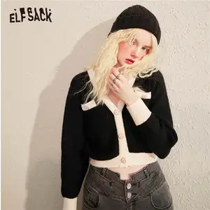 ELFSACK, однотонная, шикарная на пуговицах, вязаный Повседневный женский свитер, кардиганы, осень 2020, винтажный, корейский, девчачий, базовый, Повседневный, Мягкий Топ