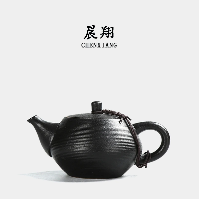 

Japanese style black Zen style handmade black pottery teapot stone glaze rough pottery kungfu tea set hand held teapot thread te