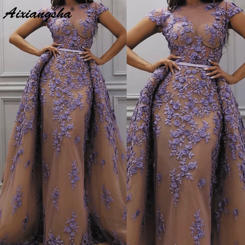 

Purple Muslim Evening Dresses Mermaid Lace Flowers Islamic Dubai Saudi Arabic Long Formal Dress Prom Gown