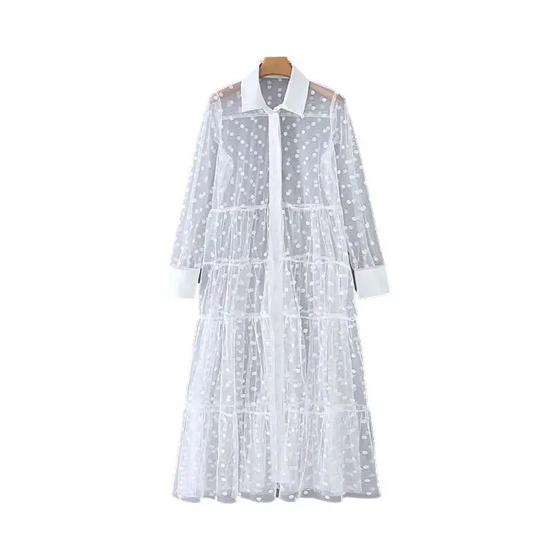 Хит женское стильное платье рубашка в горошек лоскутное Прозрачное миди с