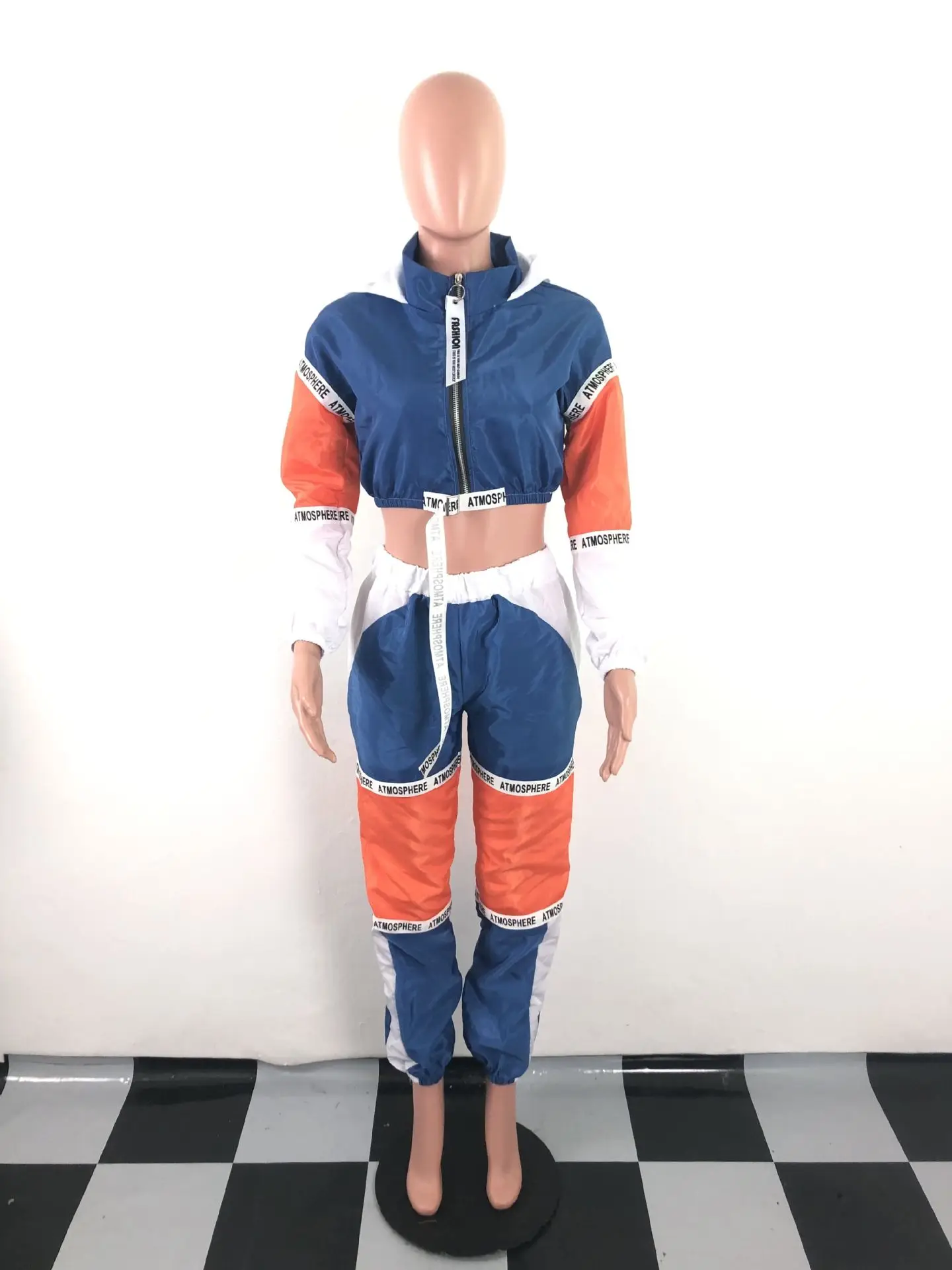 

European fashion casual stitching women's sportswear loose hooded zipper long sleeve jacket and trousers 2-piece set