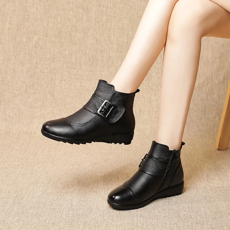 

Platform Winter Shoes Ankle Boots for Women Genuine Leather Snow Boot Woman Plus Size 41 Black Chunky Shoes Mother Boot Platform
