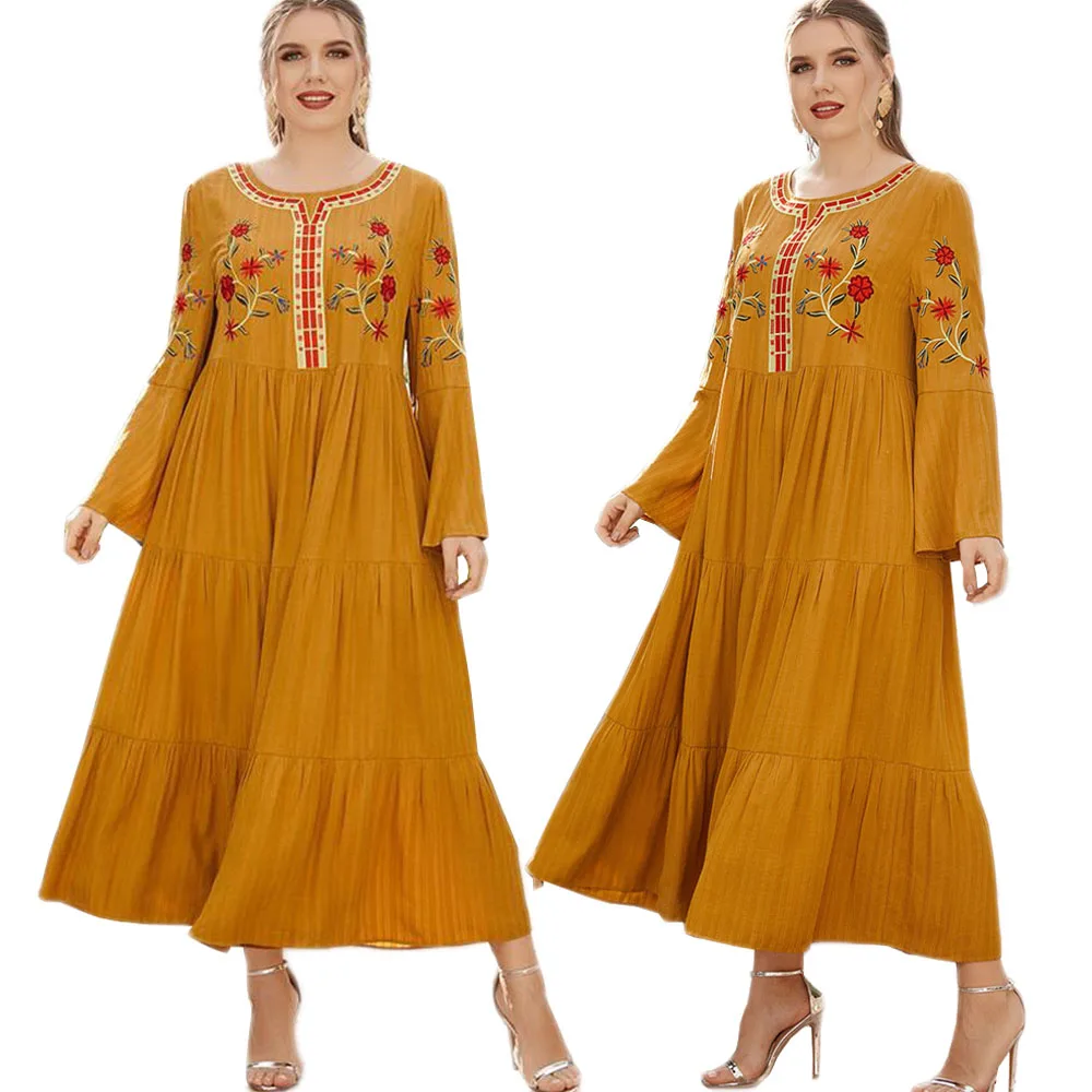 

Women Casual Loose Ethnic Embroidery Long Dress Kaftan Flare Sleeve Maxi Robe Gown Muslim Arab Abaya Islamic Clothing Plus Size