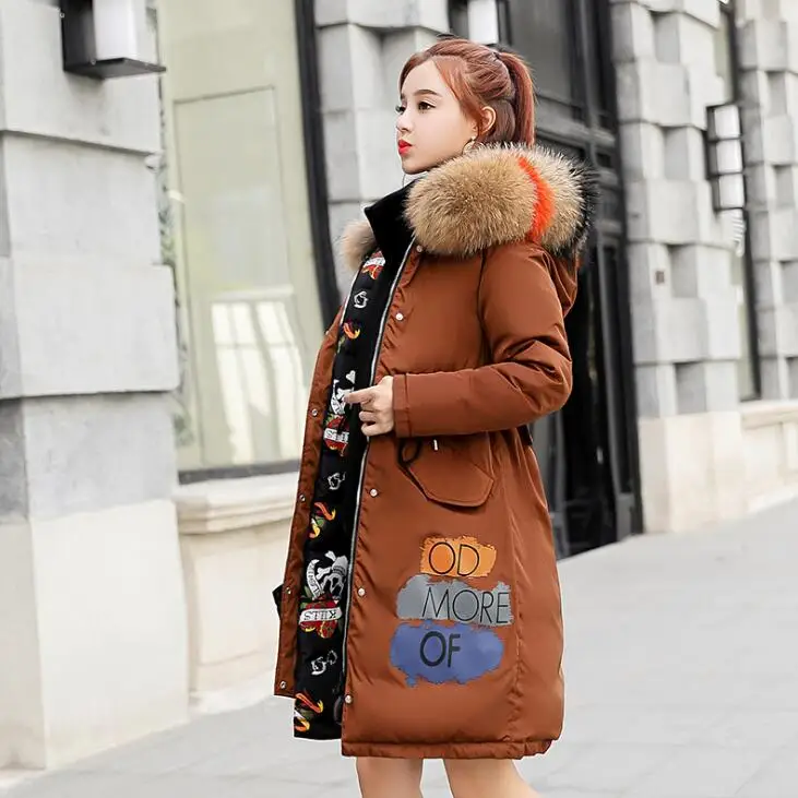 caramel colour Женские пуховики тонкие модные хлопковые пальто с меховым воротником ветрозащитные белые пуховики на утином пуху для женщин зимние большие размеры длинные пальто - Цвет: caramel colour
