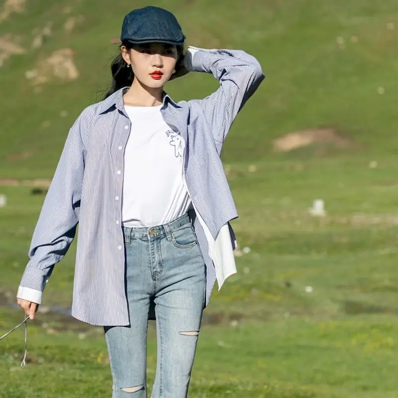 

Striped Shirt Women Wear All-match 2021 Early Autumn New Top Loose Long-sleeved oversized Clothing For Women Korean Fashion