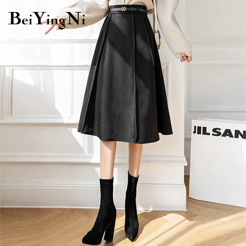 

Beiyingni Thicken Women's A-line Skirts With Belt Casual Fashion High Waist Woolen Pleated Skirt Office Ladies OL Black Faldas