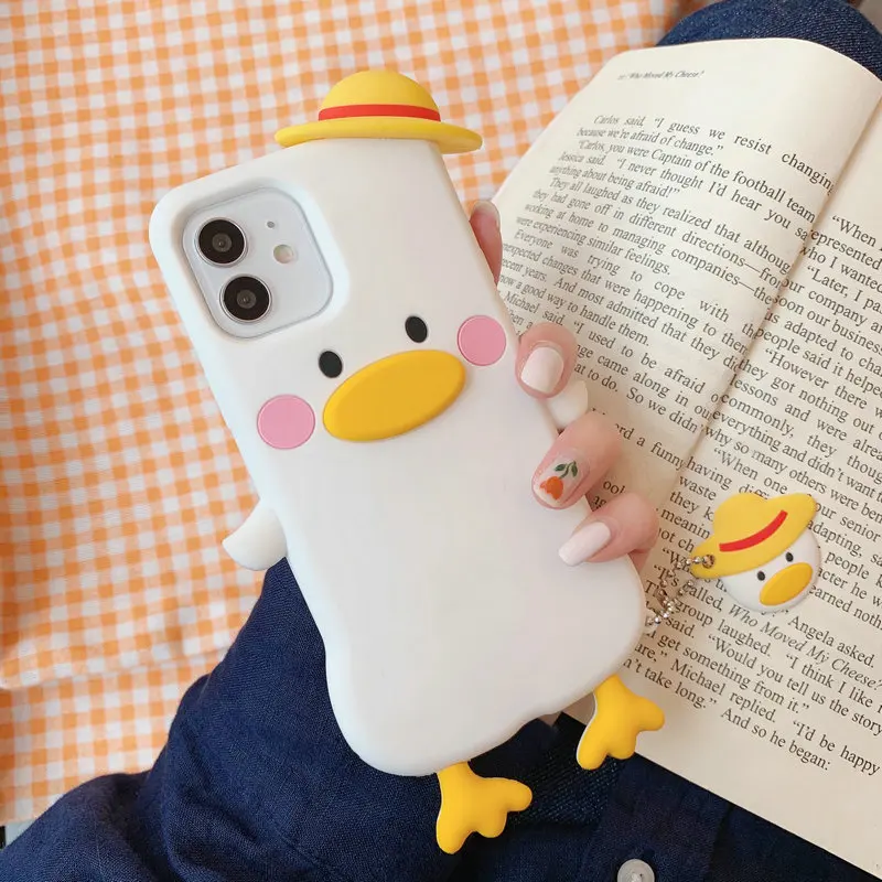 

3D Kawaii Cute Straw Hat Duck Soft Silicone Phone Case For iphone 12 Mini 13 11 Pro XS Max X XR 6 7 8 Plus 2020 SE Back Cover