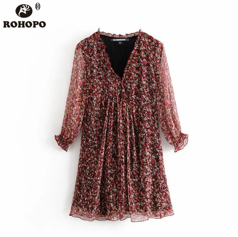 ROHOPO, Двухслойное, цветочное, элегантное, средней длины, рукав, платье, оверлок, край, шикарное, Дамское, Осеннее, крошечное, с принтом, Vestido#2220 - Цвет: NEW