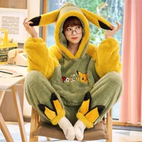 pajamas new female autumn and winter cute cartoon hooded coral velvet thickened flannel warm home clothes pajama set women