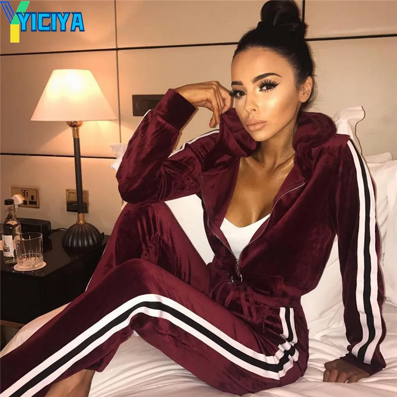 

YICIYA women's golden velvet suit stripe long sleeve pullover sweatsuit tracksuit women fleece suit female jogging set crop top