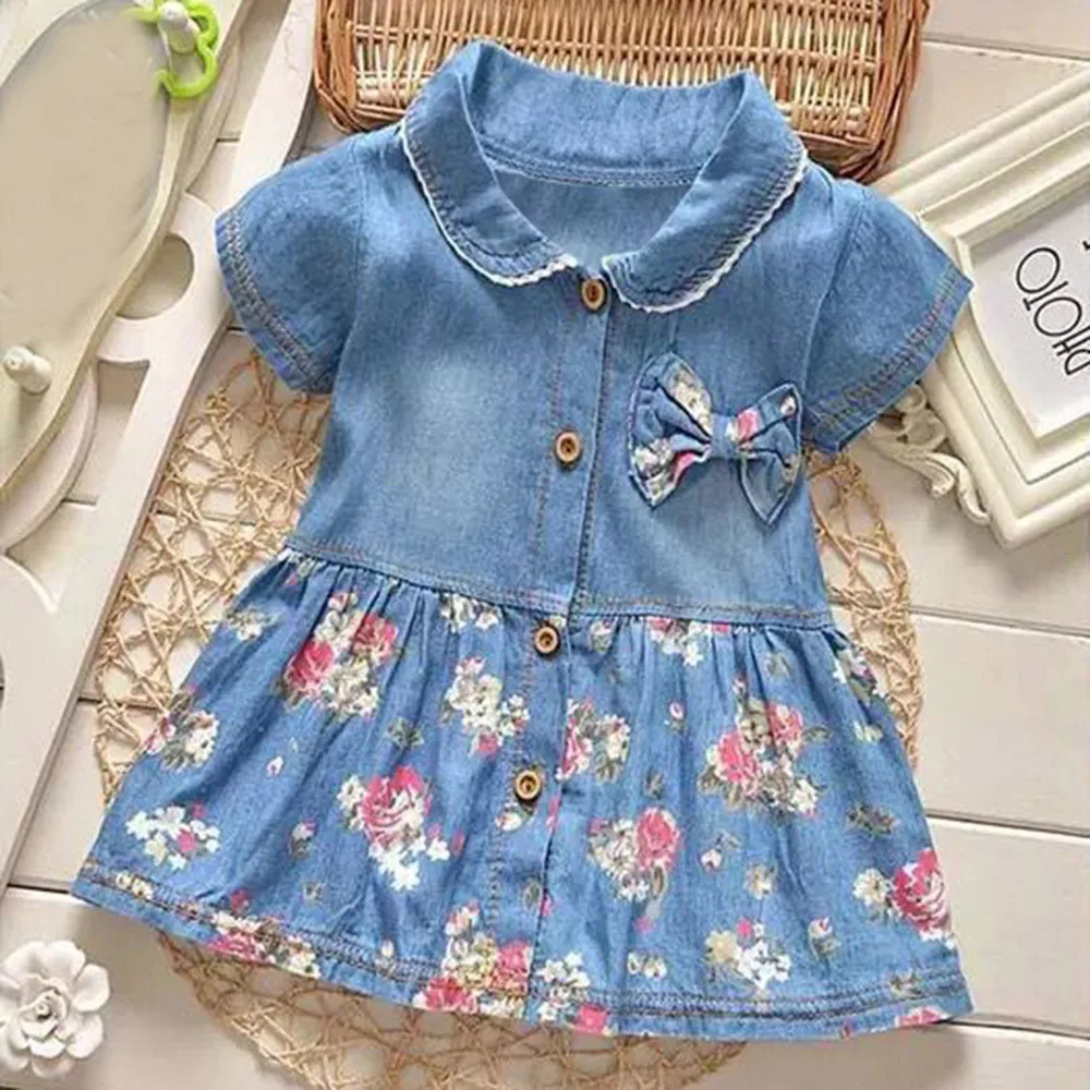 

Baby Girls dress Floral Print Bowknot Princess Denim Dresses Children Short Sleeve Costume Kids Dresses For Girls clothes Outfit