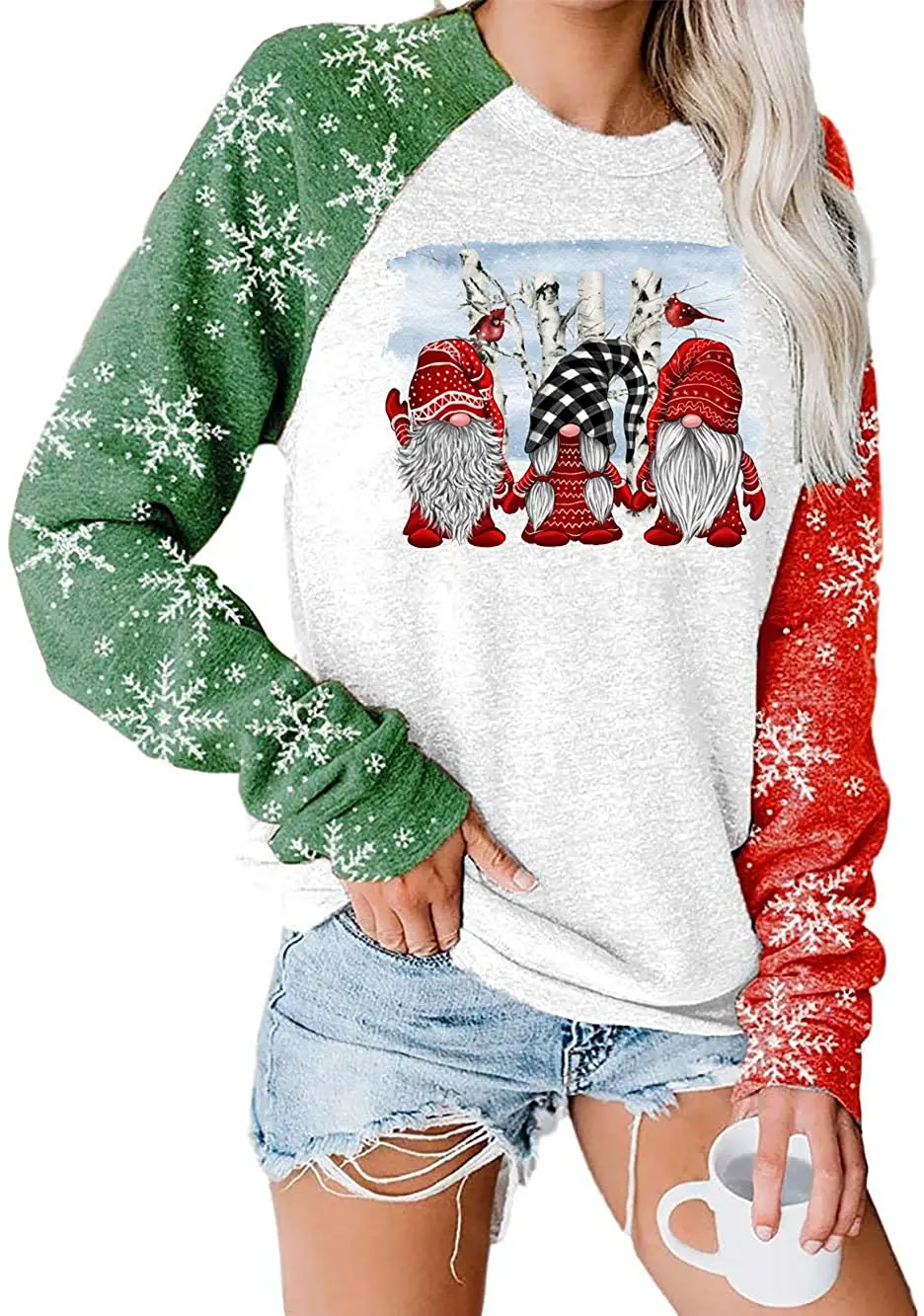 

Merry Christmas Sweatshirts Women Color Block Loose Pattern 3/4 Sleeve Christmas Snowflake Printed Tops T-Shirt