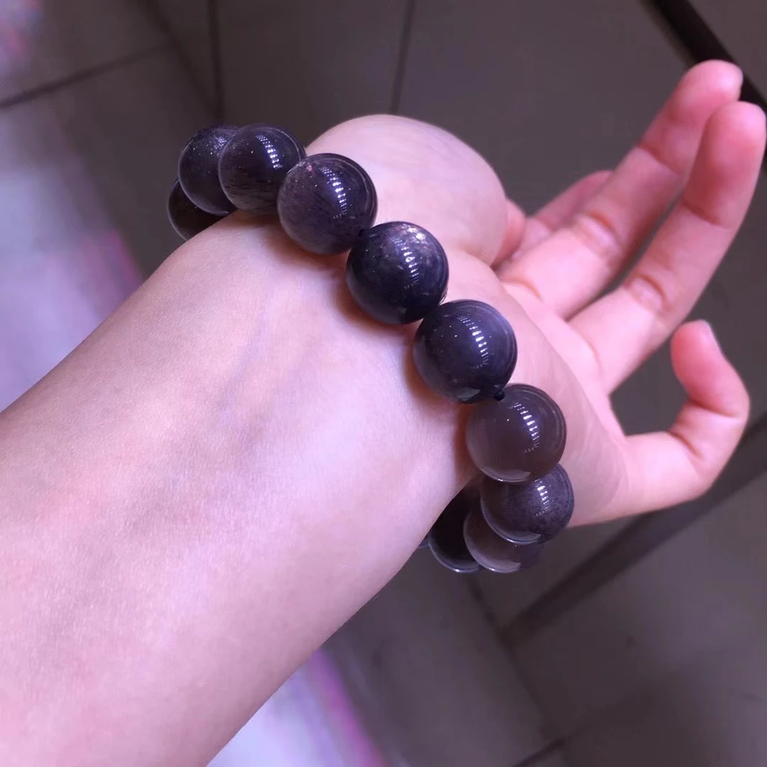 

Genuine Natural Black Moonstone Sunstone Women Men Bracelet Light 13mm Stretch Crystal Clear Round Beads Cat Eye AAAAA