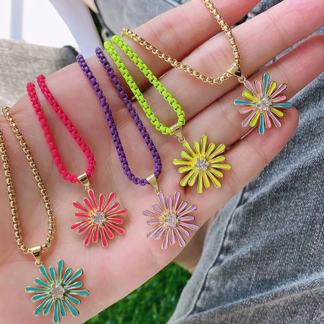 

5 шт., изящное красивое позолоченное цветное эмалированное ожерелье с подвеской в виде цветка, ожерелье с подвеской для женщин, модные ювели...