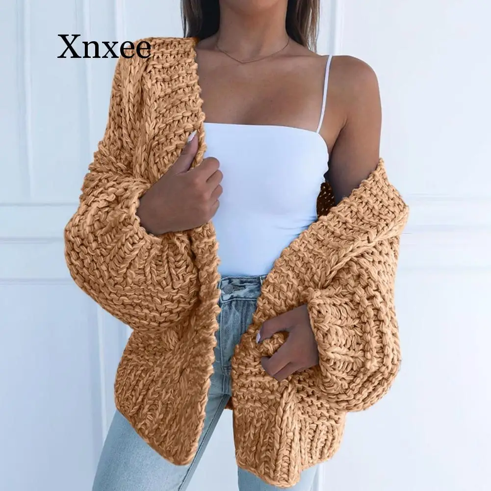 

Winter Women Thick Sweater Cardigan Warm Solid Color Open Front Coat Polyester Spandex Warm All-match Sweater Coat Wool Sweater