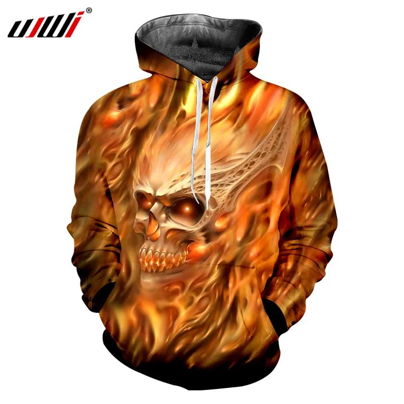 UJWI Fire Skull толстовки для мужчин с длинным рукавом Толстовка Sudadera Hombre Повседневная
