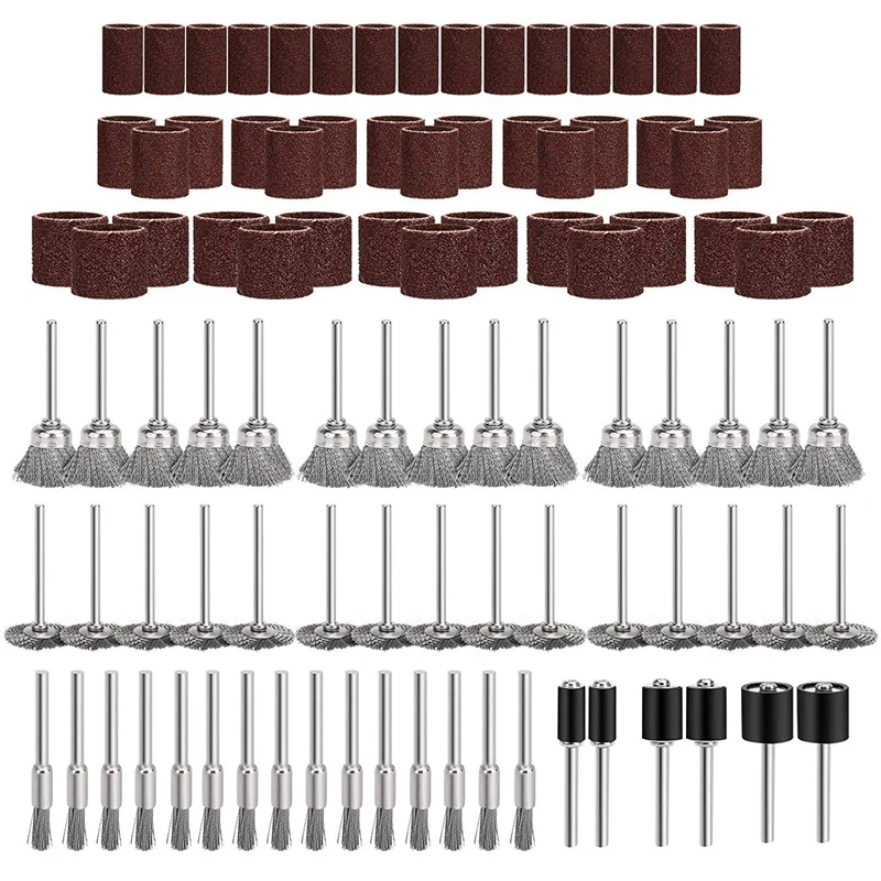 

96Pcs Rotary Tool Accessories Kit, Including 45Pcs Wire Brush Wheels, 45Pcs Sander Sanding Sleeves and 6Pcs Mandrels