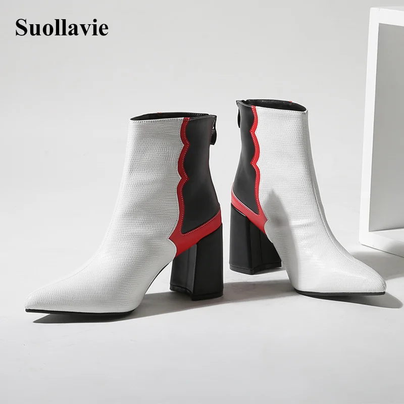 

Suollavie fashion boots women mixed color shoes ladies back zipper female boots chunky heel 2021 winter women shoes dress heels