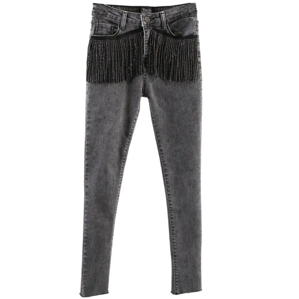 Женские джинсы в тяжелом стиле демисезонные облегающие с кисточками и высокой