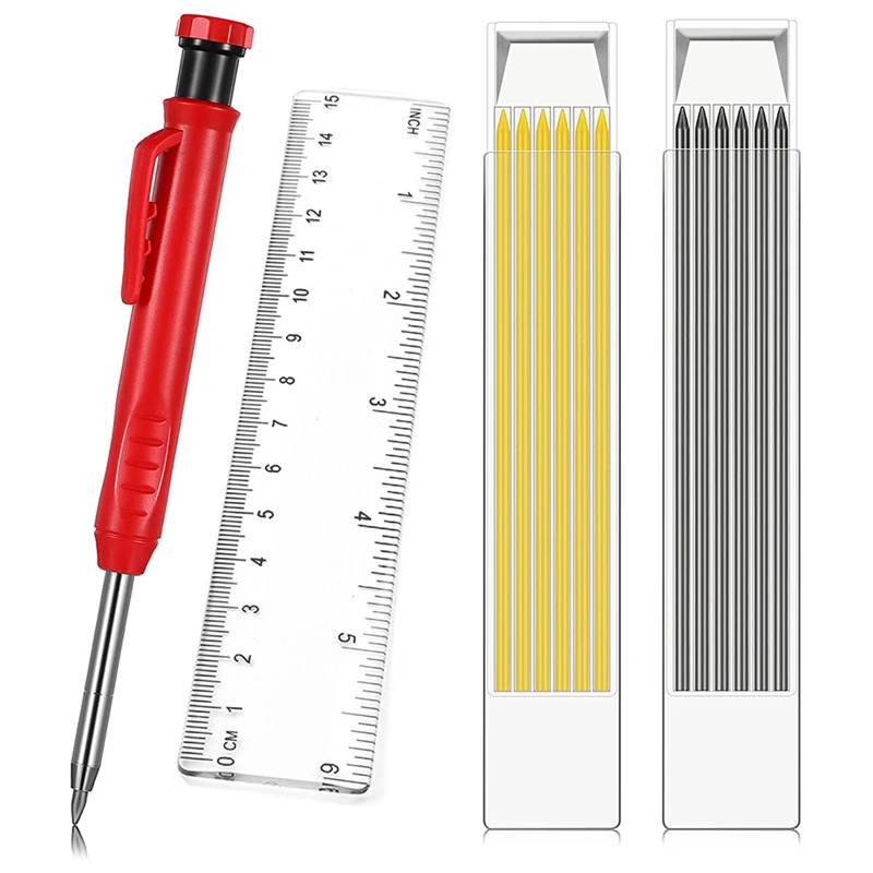 

NEW-Solid Carpenter Pencil Ruler Set Includes Construction Pencils With 12 Refills And Woodworking Draw Ruler