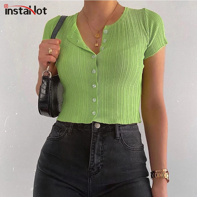 Футболка InstaHot с круглым вырезом и коротким рукавом вязаная в рубчик 5 цветов