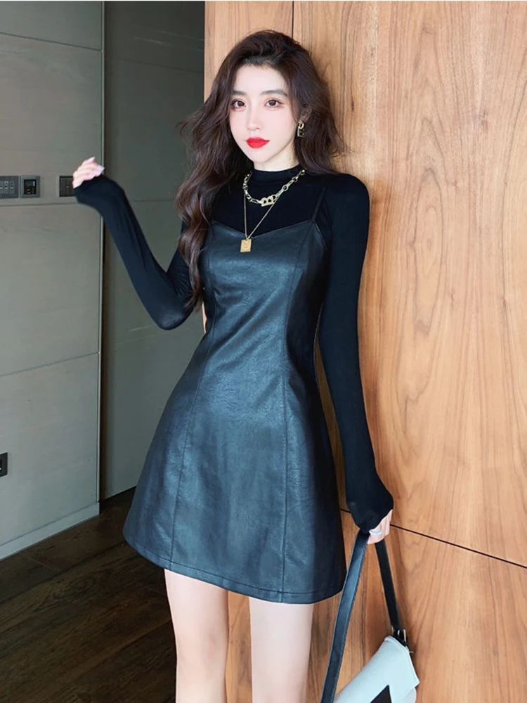 

PU Leather Skirt Suspender dress 2021 Autumn New A-line High Waist Thin Suspender Skirt Coat