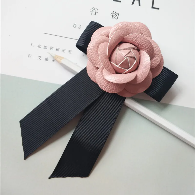 black bow pink Женская мода, высокое качество, натуральная кожа, цветок камелии, броши «бант», большой размер, лента, бант, брошь на булавке, 8 цветов - Окраска металла: black bow pink