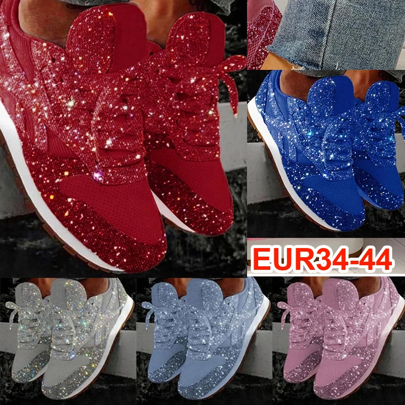

2020 Women Flat Glitter Sneakers Casual Female Mesh Lace Up Bling Platform Comfortable Plus Size Vulcanized Woman Shoes Luxury