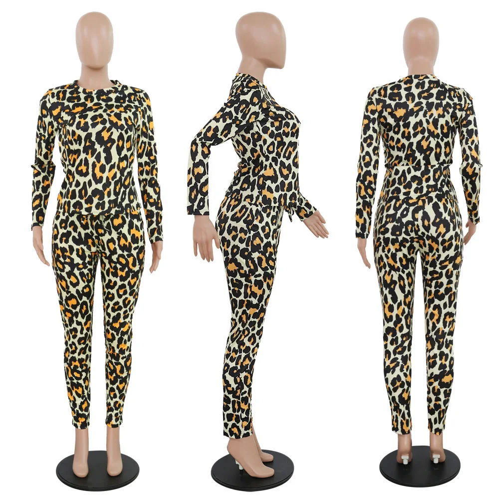 

Fashion Colorful Leopard Two Piece Outfits Autumn Long Sleeve O Neck Top Drawstring Pants Tracksuits Plus Size Club Sets Women