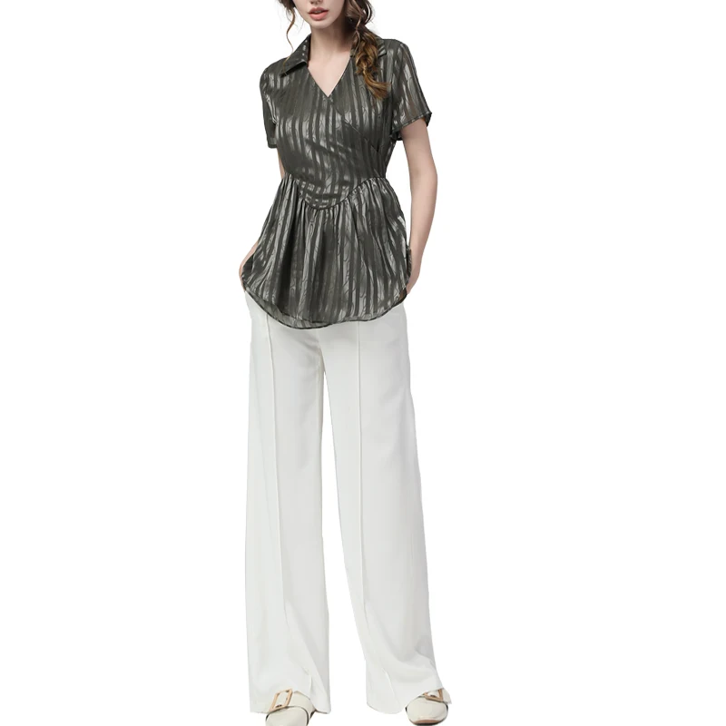 

Fashion Women Striped Chiffon Shirt Short Sleeve Crossed Spliced V-Neck Summer Tops With Belt Temperament High Waist Slim Blouse