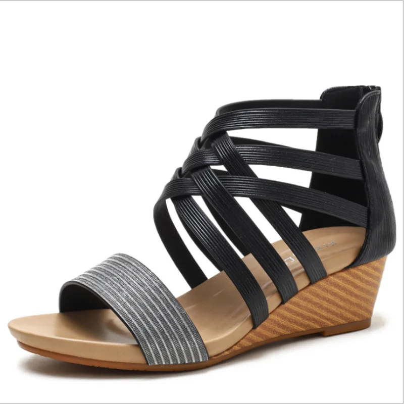 

2021 Slope Heel Roman Sandals Female New Bohemian Ethnic Style Retro Open-toed Holiday Travel Women's Shoes XM031
