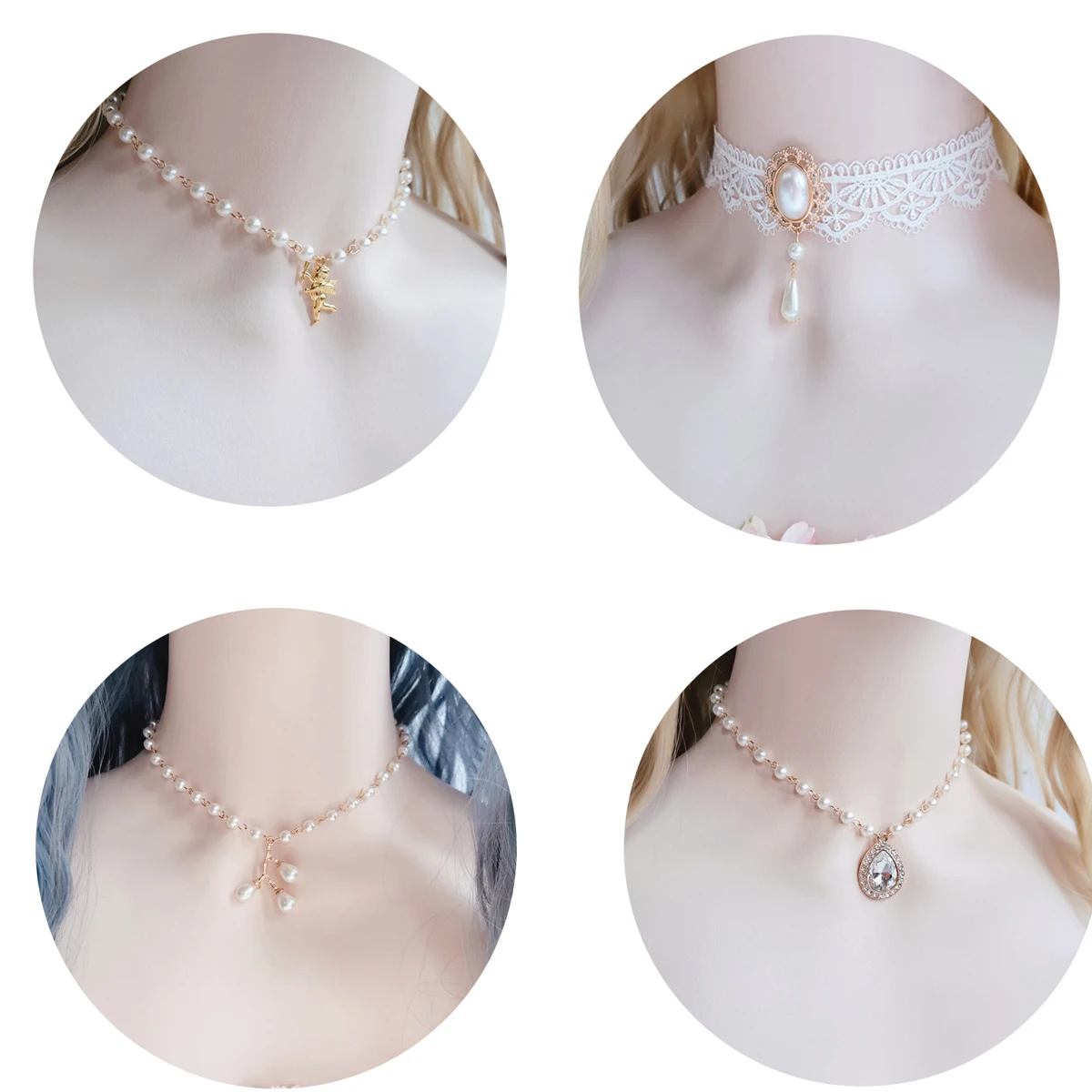 

Lolita Gorgeous Vintage Style Multilayer Pearl Lace Gem Necklace Collarbone Chain Necklet For Wedding Princess