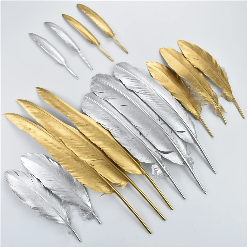 

10Pcs/Lot Gold Silver Goose Feathers Duck Turkey Pluma for Crafts Party Carnival Decor Golden Wedding Decoration Feather for Diy