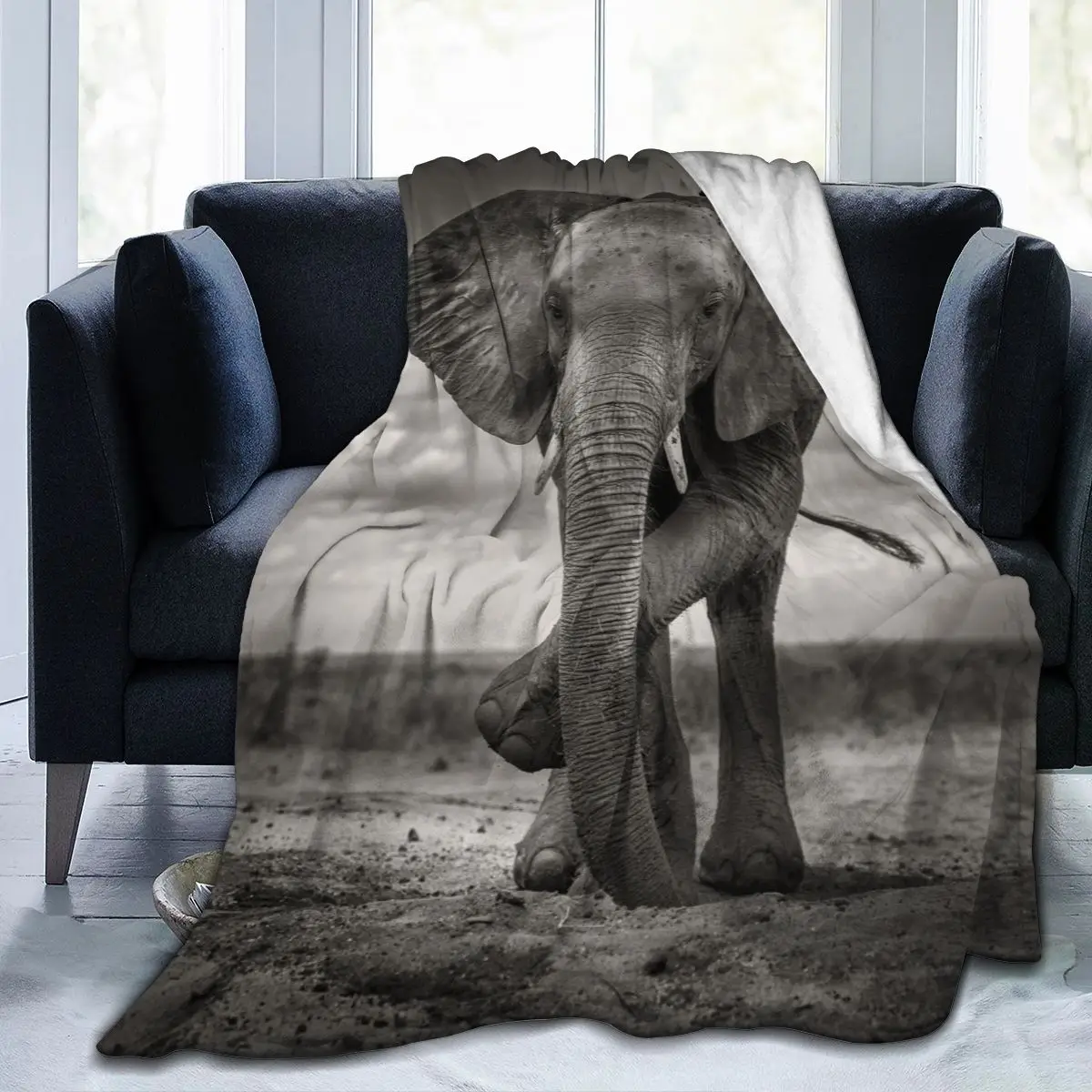 

1-animal 3D printing Elephant printed blanket bedspread blanket retro bedding square picnic wool soft blanket