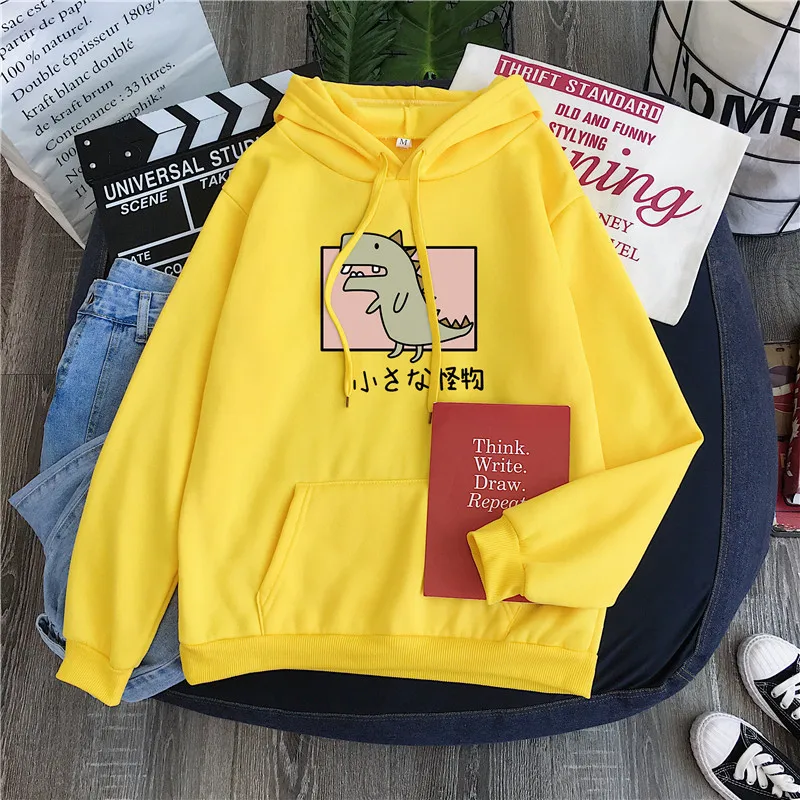 

Little dinosaur couple loose sweatshirt "soul" print with personalized hoodie kawaii Korean style pullover Harajuku blouse women