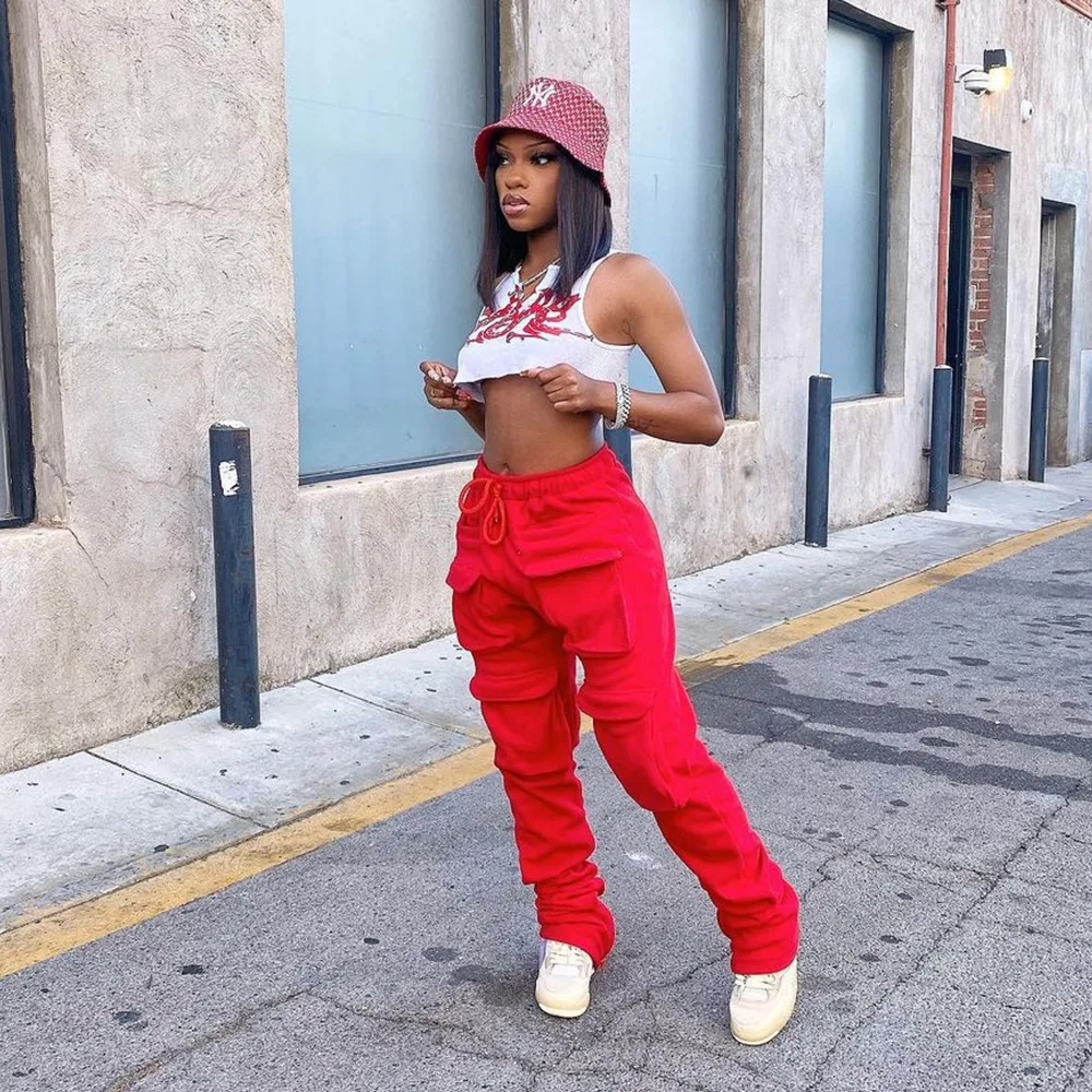 

Women's Red Stacked Sweatpants High Waist Tracksuits Y2K Harajuku Joggers Streetwear Mall Goth Cargo Pants Walking Trousers