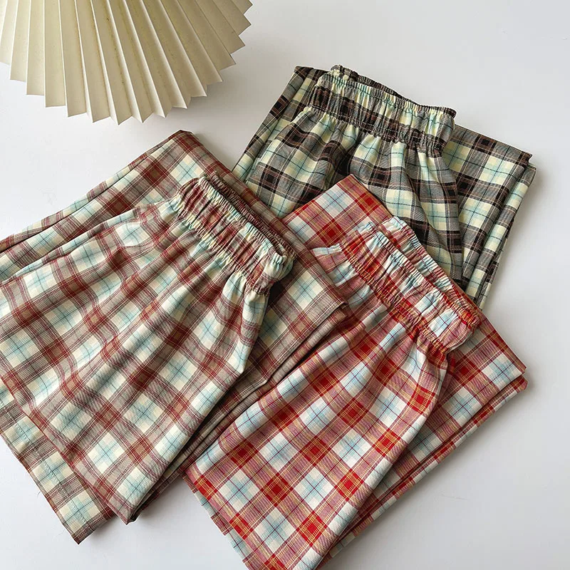 

Temperament plaid loose casual pants women spring new style Korean fashion elastic high waist wide leg trousers